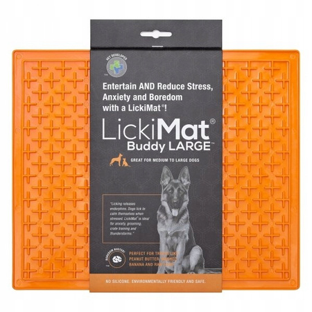 MATA TACKA DO LIZANIA DLA PSA KOTA ANTYSTRESOWA SPOWALNIAJĄCA JEDZENIE LICKIMAT CLASSIC BUDDY LARGE POMARAŃCZOWA 30,5x25,5 cm