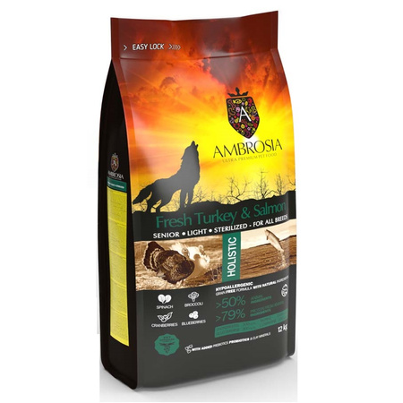 AMBROSIA LIGHT SENIOR KARMA DLA PSA NADWAGA STERYLIZOWANY INDYK ŁOSOŚ 12kg