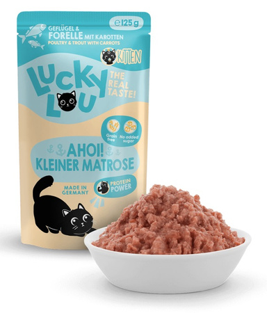 LUCKY LOU LIFESTAGE KITTEN MOKRA KARMA DLA KOCIĄT DRÓB PSTRĄG 8x125g