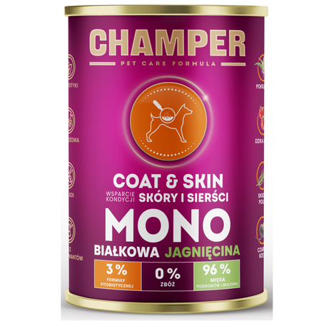 CHAMPER DLA PSA MONOBIAŁKOWA MOKRA KARMA DLA PSÓW COAT & SKIN JAGNIĘCINA 400g