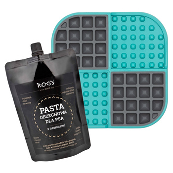 ROGY PASTA ORZECHOWA + TACKA DO LIZANIA DLA PSA KOTA ANTYSTRESOWA LICKIMAT SLOMO TURKUSOWA 20x20cm