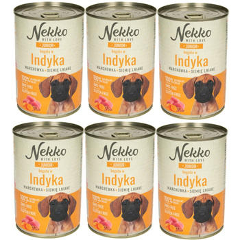 NEKKO JUNIOR MOKRA KARMA DLA SZCZENIĄT INDYK MARCHEWKA SIEMIĘ LNIANE 6x400g