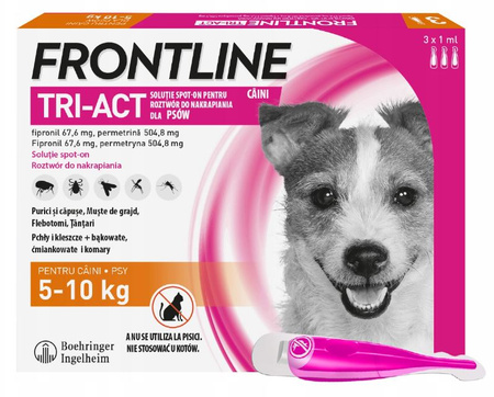 FRONTLINE TRI-ACT S FIPRONIL PERMETRYNA KROPLE NA PCHŁY KLESZCZE DLA PSÓW 5-10kg PIPETKI 3x1ml