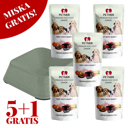 PETNER ZESTAW KARMA PSA SZCZENIAKA WOŁOWINA KRÓLIK 5x500g + MISKA GRATIS