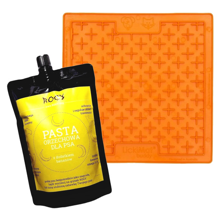 ROGY PASTA ORZECHOWA BANAN + TACKA DO LIZANIA DLA PSA KOTA ANTYSTRESOWA CLASSIC BUDDY LICKIMAT POMARAŃCZOWA 20x20cm