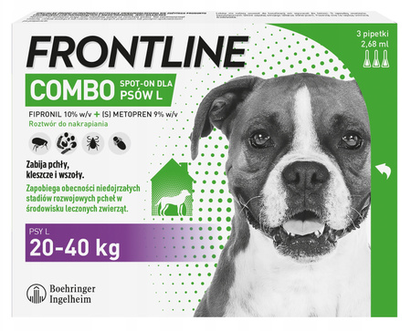 FRONTLINE COMBO SPOT-ON L FIPRONIL KROPLE NA PCHŁY KLESZCZE DLA PSÓW 20-40kg PIPETKI 3x2,68ml