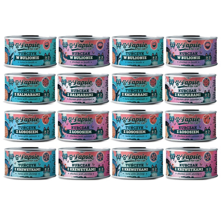 ŁAPSIE FOR CAT MOKRA KARMA DLA KOTA MIX SMAKÓW W BULIONIE PUSZKA 16x80g