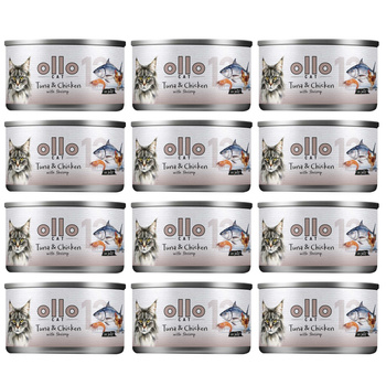 OLLO nr12 MOKRA KARMA W PUSZCE DLA KOTA KOCIĄT NATURALNA TUŃCZYK KURCZAK KREWETKI 12x70g