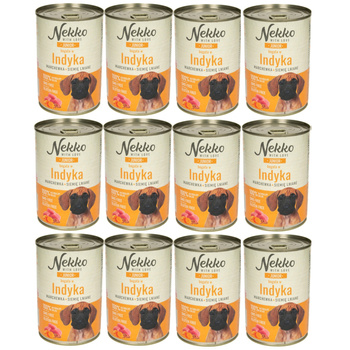 NEKKO JUNIOR MOKRA KARMA DLA SZCZENIĄT INDYK MARCHEWKA SIEMIĘ LNIANE 12x400g