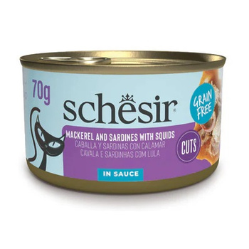 SCHESIR CAT CAN GRILL MOKRA KARMA DLA KOTA SARDYNKI MAKRELA KAŁAMARNICA W SOSIE 70g