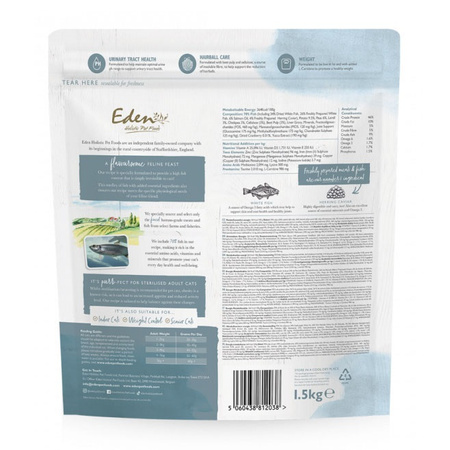 EDEN KARMA SUCHA PEŁNOPORCJOWA DLA KOTA DOROSŁEGO SENIORÓW KOTÓW Z NADWAGĄ BIAŁA RYBA I KAWIOR ZE ŚLEDZIA 1,5kg
