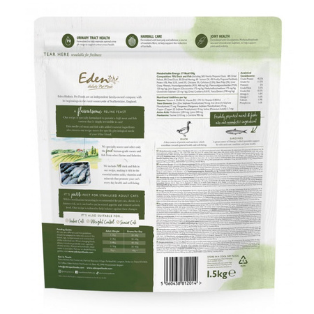  EDEN KARMA SUCHA PEŁNOPORCJOWA DLA KOTA DOROSŁEGO SENIORÓW KACZKA I SARDYNKA 1,5kg