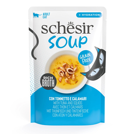 SCHESIR SOUP MOKRA KARMA DLA KOTA ZUPA Z TUŃCZYKA Z KALMARAMI SASZETKA 12x40g