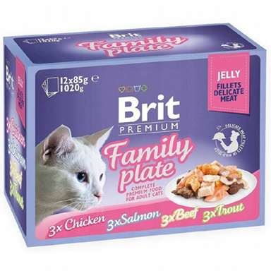 BRIT PREMIUM CAT POUCH GRAVY JELLY FAMILY PLATE MIX SMAKÓW W GALARECIE 12x85g