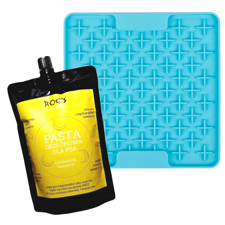 ROGY PASTA ORZECHOWA BANAN + TACKA DO LIZANIA DLA PSA KOTA ANTYSTRESOWA LICKIMAT CLASSIC MINI BUDDY TURKUSOWA 15x15cm