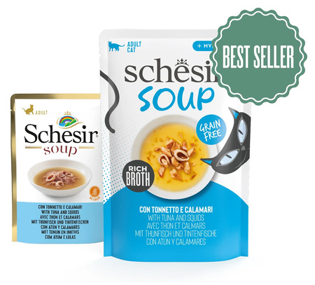 SCHESIR SOUP MOKRA KARMA DLA KOTA ZUPA Z TUŃCZYKA Z KALMARAMI SASZETKA 12x40g