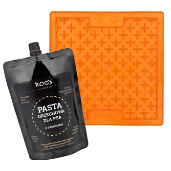 ROGY PASTA ORZECHOWA + TACKA DO LIZANIA DLA PSA KOTA ANTYSTRESOWA LICKIMAT CLASSIC MINI BUDDY POMARAŃCZOWA 15x15cm