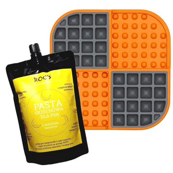 ROGY PASTA ORZECHOWA BANAN + TACKA DO LIZANIA DLA PSA KOTA ANTYSTRESOWA LICKIMAT SLOMO POMARAŃCZOWA 20x20cm