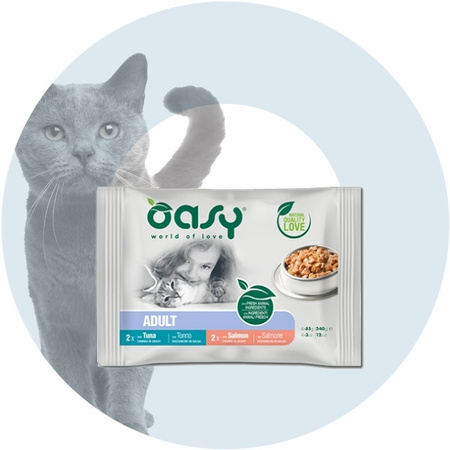 OASY CHUNKS IN GRAVY MOKRA KARMA DLA KOTA ŁOSOŚ TUŃCZYK MULTIPACK 4x85g
