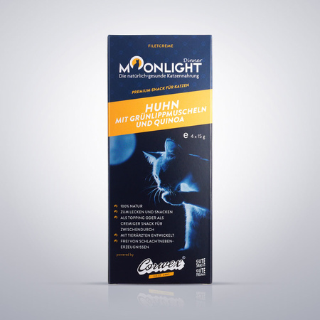 MOONLIGHT DINNER CREME SOS POLEWA PRZYSMAK DLA KOTA KURCZAK OMUŁEK I KOMOSA RYŻOWA 4x15g