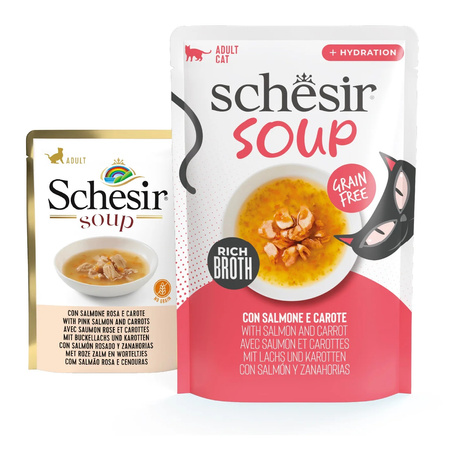 SCHESIR SOUP MOKRA KARMA DLA KOTA ZUPA Z ŁOSOSIA Z MARCHEWKĄ SASZETKA 12x40g