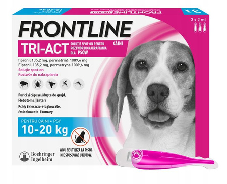 FRONTLINE TRI-ACT M FIPRONIL PERMETRYNA KROPLE NA PCHŁY KLESZCZE DLA PSÓW 10-20kg PIPETKI 3x2ml