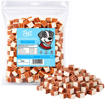 PETI PRZYSMAKI DLA PSA SANDWICHE Z JAGNIĘCINY I RYBY KOSTKI KWADRACIKI 500g