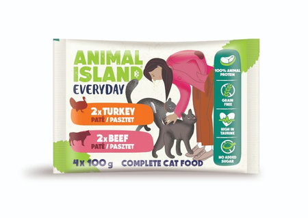 ANIMAL ISLAND EVERYDAY MOKRA KARMA DLA KOTA INDYK I WOŁOWINA PASZTET MIX SMAKÓW SASZETKI 4x100g