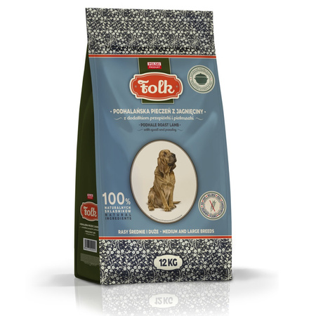 KARMA SUCHA DLA PSA RASY ŚREDNIE I DUŻE PEŁNOPORCJOWA FOLK ML JAGNIĘCINA PRZEPIÓRKA PIETRUSZKA 12kg