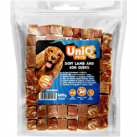 UNIQ PETS MIĘKKIE KOSTKI Z JAGNIĘCINY I DORSZA MIĘSNY PRZYSMAK DLA PSA 500g