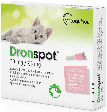 VETOQUINOL DRONSPOT  KROPLE NA ROBAKI DO NAKRAPIANIA MAŁYCH KOTÓW 0,5-2,5kg, 2 PIPETKI 0,35ml