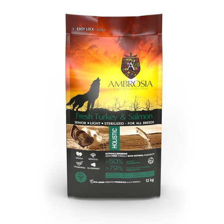 AMBROSIA LIGHT SENIOR KARMA DLA PSA NADWAGA STERYLIZOWANY INDYK ŁOSOŚ 12kg