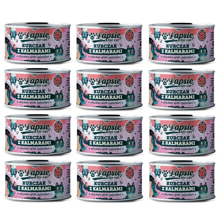 ŁAPSIE FOR CAT MOKRA KARMA DLA KOTA KURCZAK Z KALMARAMI W BULIONIE PUSZKA 12x80g