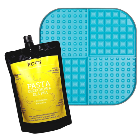 ROGY PASTA ORZECHOWA BANAN + TACKA DO LIZANIA DLA PSA KOTA ANTYSTRESOWA LICKIMAT SLOMO XL TURKUSOWA 30x30cm