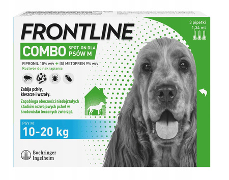 FRONTLINE COMBO SPOT-ON M FIPRONIL KROPLE NA PCHŁY KLESZCZE DLA PSÓW 10-20kg PIPETKI 3x1,34ml
