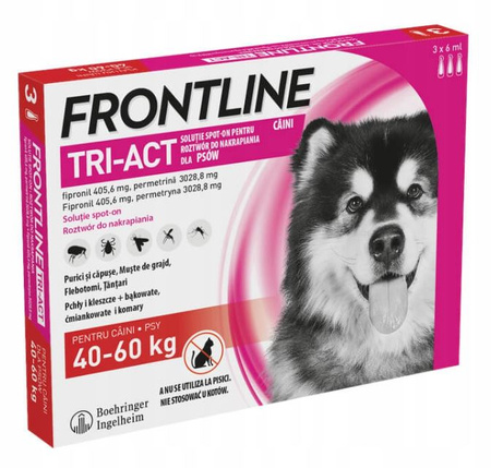 FRONTLINE TRI-ACT XL FIPRONIL PERMETRYNA KROPLE NA PCHŁY KLESZCZE DLA PSÓW 40-60kg PIPETKI 3x6ml