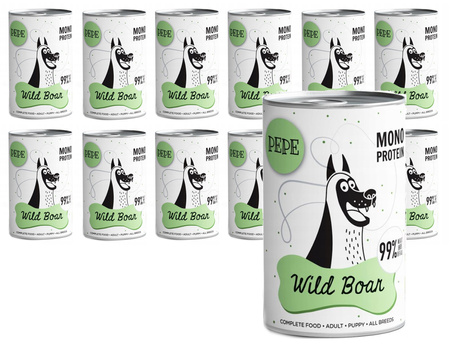 PAKA ZWIERZAKA MOKRA KARMA DLA PSA PEPE WILD BOAR DZICZYZNA 12x400g