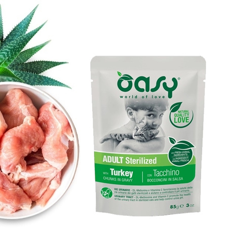 OASY CHUNKS IN GRAVY STERILIZED MOKRA KARMA DLA KOTA STERYLIZOWANEGO INDYK W SOSIE SASZETKA 85g