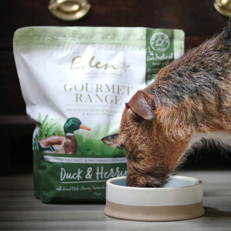 EDEN GOURMET KARMA SUCHA PEŁNOPORCJOWA DLA SZCZENIĄT PSÓW DOROSŁYCH SENIORÓW KACZKA I ŚLEDŹ 2kg