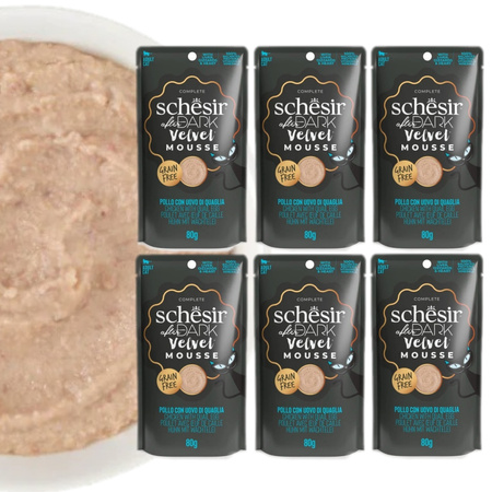 SCHESIR AFTER DARK VELVET MOUSSE MOKRA KARMA DLA KOTA MUS Z KURCZAKA Z JAJEM PRZEPIÓRCZYM 6x80g