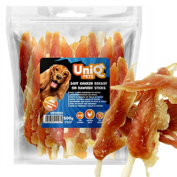 UNIQ PETS MIĘKKIE FILETY Z KURCZAKA NA PATYKU MIĘSNY PRZYSMAK DLA PSA 500g