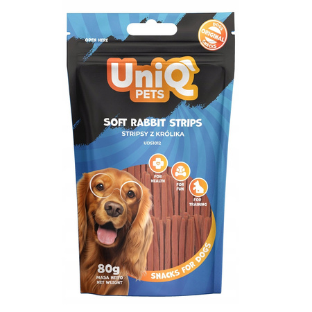 UNIQ PETS MIĘKKIE STRIPSY Z KRÓLIKA MIĘSNY PRZYSMAK DLA PSA 80g