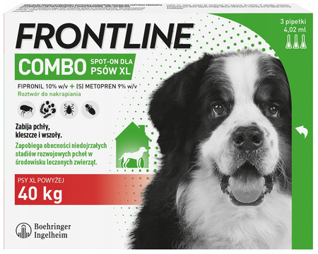 FRONTLINE COMBO SPOT-ON XL FIPRONIL KROPLE NA PCHŁY KLESZCZE DLA PSÓW POWYŻEJ 40kg PIPETKI 3x4,02ml