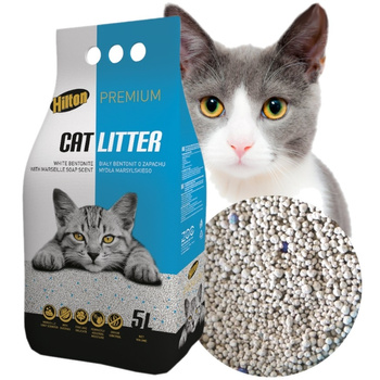 ŻWIREK BENTONITOWY O ZAPACHU MYDŁA MARSYLSKIEGO DLA KOTA NATURALNY BIAŁY DO KUWETY KOTÓW HILTON 5L