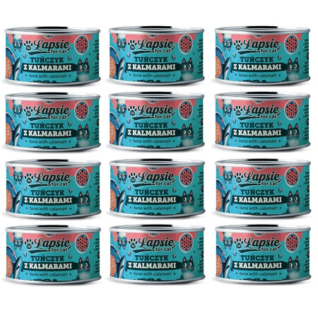 ŁAPSIE FOR CAT MOKRA KARMA DLA KOTA TUŃCZYK Z KALMARAMI W BULIONIE PUSZKA 12x80g