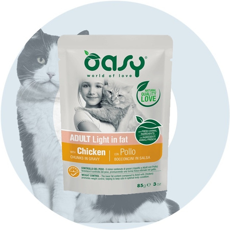 OASY CHUNKS IN GRAVY LIGHT IN FAT MOKRA KARMA DLA KOTA Z NADWAGĄ KURCZAK W SOSIE SASZETKA 85g