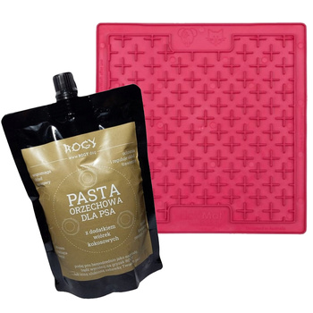 ROGY PASTA ORZECHOWA KOKOS + TACKA DO LIZANIA DLA PSA KOTA ANTYSTRESOWA CLASSIC BUDDY LICKIMAT RÓŻOWA 20x20cm