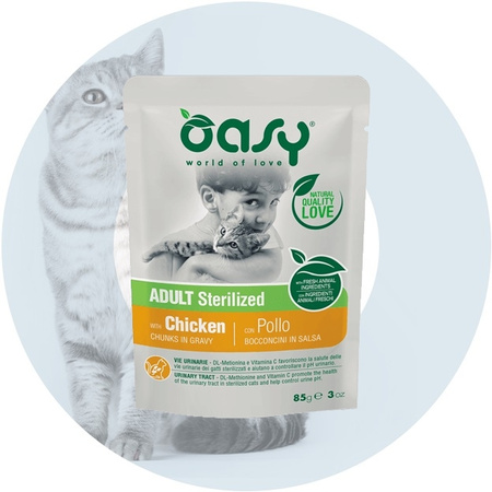 OASY CHUNKS IN GRAVY STERILIZED MOKRA KARMA DLA KOTA STERYLIZOWANEGO KURCZAK W SOSIE SASZETKA 85g