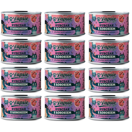 ŁAPSIE FOR CAT MOKRA KARMA DLA KOTA KURCZAK Z ŁOSOSIEM W BULIONIE PUSZKA 12x80g