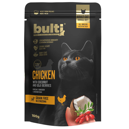 BULTI SUPERFOOD MOKRA KARMA DLA KOTA KURCZAK KOKOS JAGODY GOJI 100g